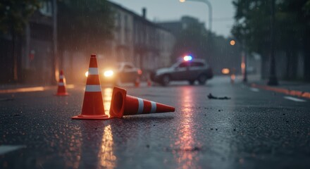 Conceptual image of accident prevention with two cones on a wet road highlighting an accident in the background
