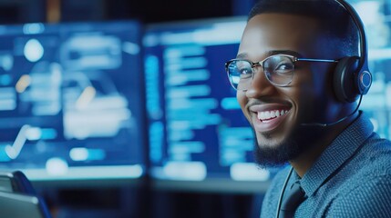 A cheerful call center agent interacting with a customer on the phone, with digital screens displaying tech support interfaces in the background