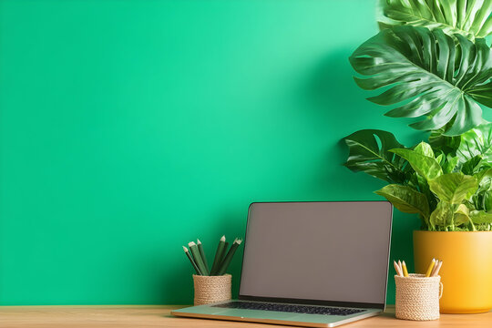 Laptop, pencils, and tropical plants on a wooden desk against a teal wall
