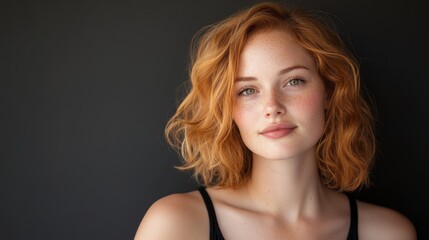 Naklejka premium A large portrait of a red-haired, curly-haired girl with freckles, of European appearance, on a dark background