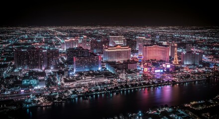 Fototapeta premium Night Lights Cityscape Panorama - Aerial view of a vibrant city at night, showcasing illuminated buildings and a reflecting river