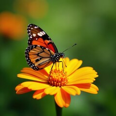Obraz premium Painted lady butterfly nectaring on bright orange marigold , marigold, insect, orange