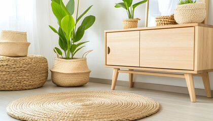 Light, airy room with natural fiber furniture, plants, and woven accents
