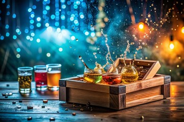 Tasting Set Box with Water Splash & Bokeh: Cool Neon Lights, Wooden Texture