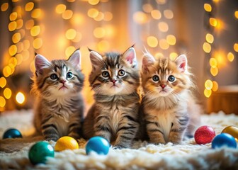Three Fluffy Kittens Playtime in Cozy Colorful Room - Adorable Aerial Stock Photo