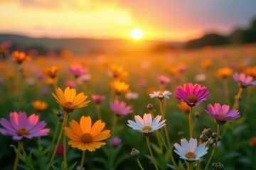 Fototapeta premium Soft focus sunset over vibrant wildflowers, sweet meadow , light, flowers