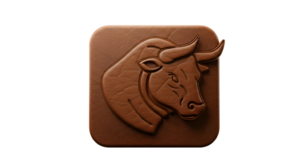 Embossed brown bull head icon on a square leather-like surface against black background