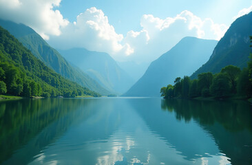 Fototapeta premium Serene mountain lake landscape with crystal clear water reflecting the surrounding lush greenery and majestic peaks under a partly cloudy sky.