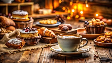 Fototapeta premium Tilt-Shift Photography: Rustic Coffee & Bakery Scene - Espresso Blend, Delicious Desserts
