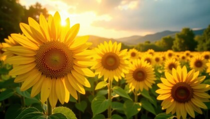 Obraz premium Vibrant sunflowers bathed in golden sunlight, summer landscape , field, august