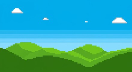 Pixel Art Landscape: Sunny Hills - A cheerful pixel art depicting a sunny day with green rolling hills and a bright blue sky. Ideal for game backgrounds or design