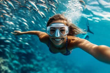 Naklejka premium A gorgeous and sexy happy young woman with medium hair in a swimming mask and fins snorkeling among the corals. Bright commercial style image. A dense school of silver fish swims next to her.
