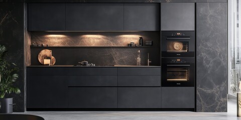 Modern dark kitchen with built in ovens and marble accents
