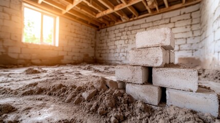 A stack of building blocks sits on the ground of an unfinished construction site, emphasizing the raw materials used in creating new structures and spaces.