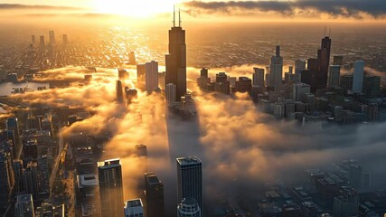 City skyline emerges from fog during sunrise over Chicago showcasing modern architecture and urban landscape - Powered by Adobe