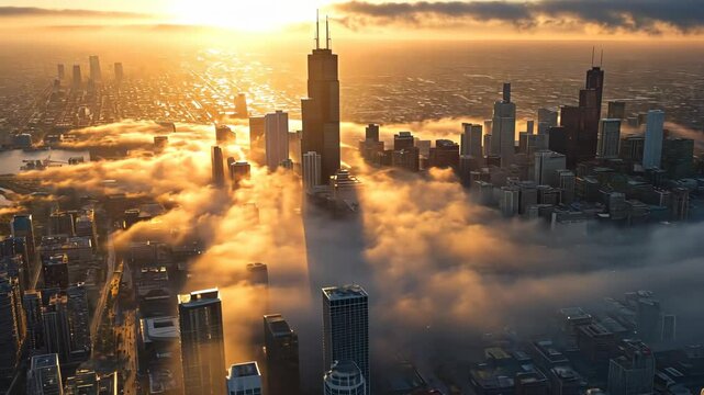 City skyline emerges from fog during sunrise over Chicago showcasing modern architecture and urban landscape