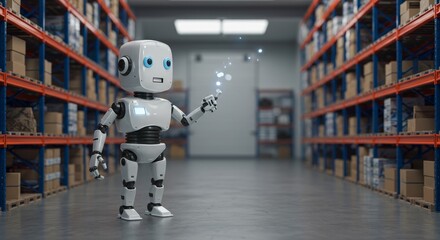 Robot in Warehouse Inventory Management - A friendly robot manages inventory in a modern warehouse, showcasing automation and efficiency in logistics
