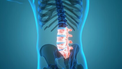 A digital medical human lower spine, highlighting the lumbar and sacral vertebrae in red, indicating pain or injury. The transparent body shows the skeletal structure in a blue-toned X-ray style.