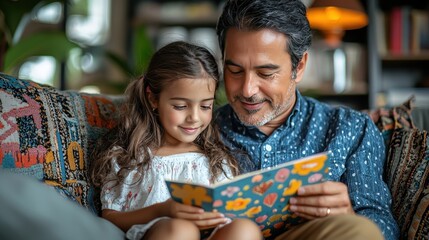 Obraz premium Father and daughter reading book together at home (2)