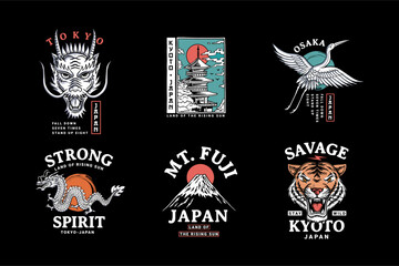 Japanese culture vector graphics. Dragon, pagoda, crane, tiger,  Mount Fuji.  Perfect for t-shirt designs, posters, stickers and other uses.