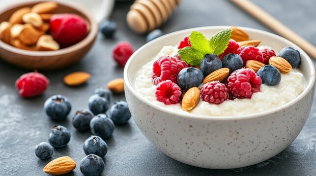 Bowl of Icelandic skyr with berries, nuts, and honey on a Nordic-inspired table with natural tones
