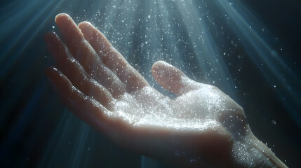 Fototapeta premium Ephemeral Embrace: A delicate hand outstretched, catching particles of light and water, evokes a sense of purity, and serenity, with a heavenly glow.