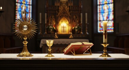 Obraz premium Sacred Altar Setting in Church - Close-up of a golden monstrance, chalice, bible, and candle on an altar in a church. Peaceful and spiritual atmosphere