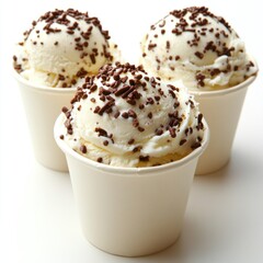 Three paper cups filled with creamy vanilla ice cream and generously topped with chocolate sprinkles, perfect for a warm day
