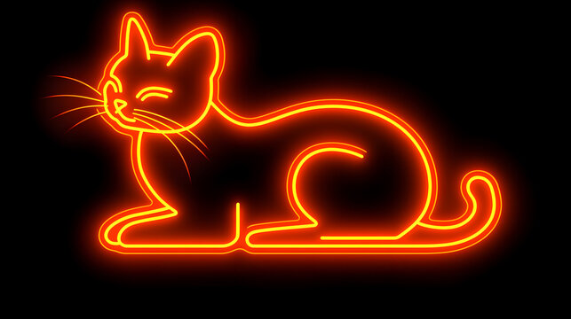 Neon Cat Serenity: A sleek neon cat illustration glows with a warm light against a black backdrop, it's an illustration of the animal's calm and relaxed demeanor.