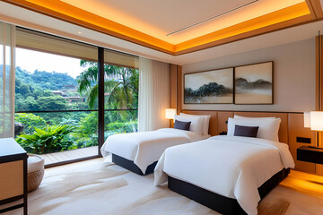 Luxurious hotel room with twin beds, balcony, and scenic jungle view