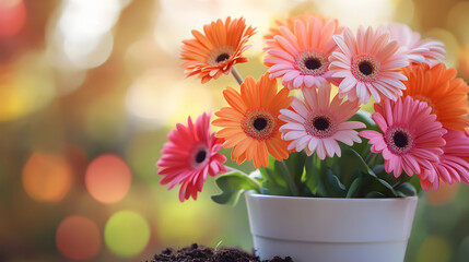 Fototapeta premium A white vase with a bunch of pink and orange flowers in it