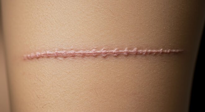 Surgical Scar Stitches Close Up on Human Skin Wound Healing Process