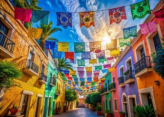 Naklejka premium Vibrant Mexican Papel Picado Street Decorations Panoramic