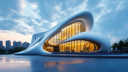 Futuristic curved architectural design of modern building in urban skyline