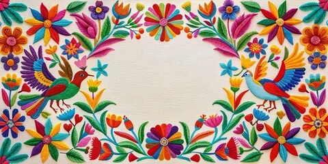 Vibrant Otomi Tenango Embroidery Floral Frame for Fiesta Invitation