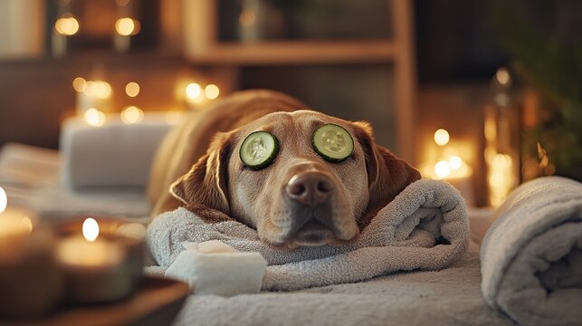 A relaxed brown dog lies comfortably in a spa with cucumber slices on his eyes