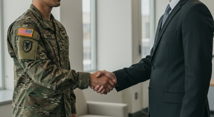 Soldier and Businessman Handshake - A soldier in uniform shakes hands with a businessman in a suit, symbolizing collaboration and transition