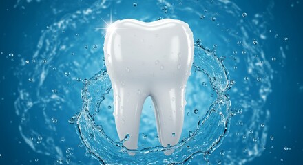 Sparkling Clean Tooth in Water Splash - Fresh, clean, healthy teeth, water, dental hygiene, oral care. A symbol of perfect dental health
