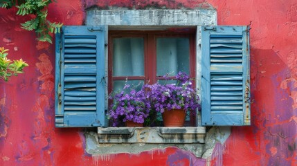 Window with Blue Shutters and Purple Flowers