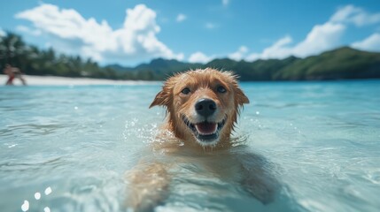 A golden retriever enjoys a swim in pristine turquoise water, highlighting the beauty of pets in nature while showcasing their playful and friendly personality.
