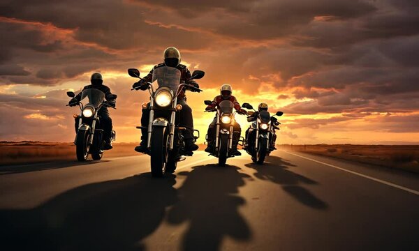 A group of motorcyclists riding along an open road at sunset, symbolizing freedom and adventure. Concept of biker lifestyle and travel