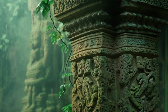Intricate Ancient Column in a Lush Mysterious Jungle Setting with Detailed Carvings and Verdan