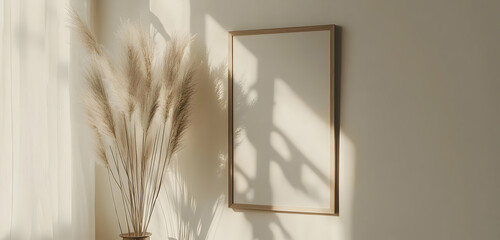 A vertical wooden frame with dried grass in a vase on a soft white wall, perfect for a warm, Japandi-style home d?(C)cor. 40k, , high resolution