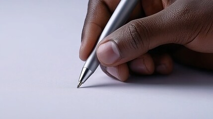 A close-up of a male hand holding a silver pen poised above a blank white page.