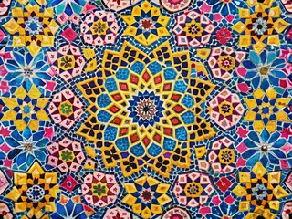 Vibrant Zellige Mosaic Background: Yellow, Pink & Blue Geometric Design