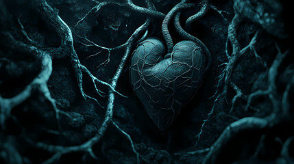 Atrium and aorta depicted in a dark gothic anatomical illustration, surrounded by shadowy veins and eerie lighting. Shadowy Veins. Illustration