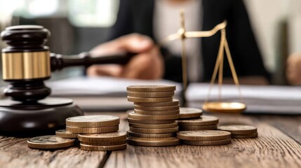Gavel, coins, and scales reflecting legal and financial concepts in a courtroom setting