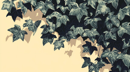 Dense foliage of dark ivy leaves with silver veins and shadowy depths, creating a layered effect, set against a pastel yellow background,. Shadowy Veins. Illustration