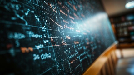 Complex mathematical equations on chalkboard in academic setting.
