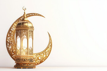 Islamic background, Gift box, lantern, gold crescent moon on white background